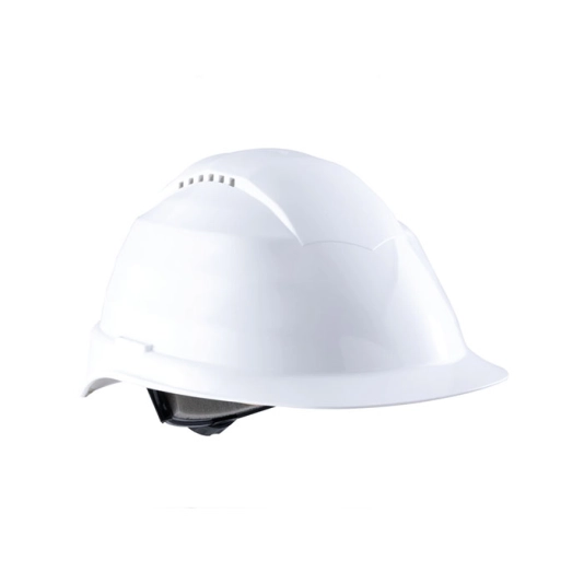 Safety Helmet With 6 Point Harness, White, ABS, Vented, Reduced Peak, Includes Side Slots 1