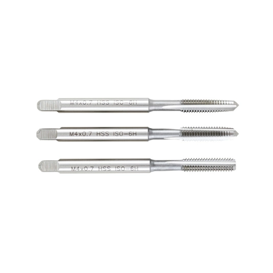 Hand Tap Set , M4 x 0.7mm, Metric Coarse, High Speed Steel, Bright, Set of 3 1